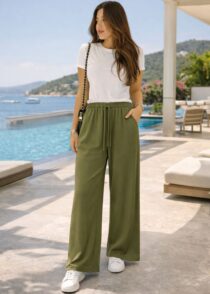 Örme Atlas Kumaş Çağla Yeşili Pantolon