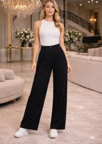 Taşlı Siyah Kumaş Pantolon